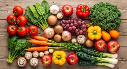 Fresh Organic Vegetables and Fruits on Rustic Table Flat Lay