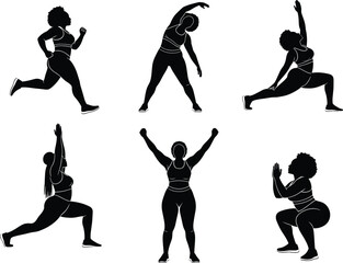 Fitness and yoga silhouette vector set, running, stretching, warrior pose, lunge, victory pose, squat, exercise, flexibility, wellness, strength, healthy lifestyle illustration