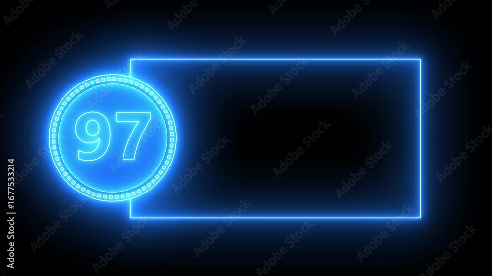Aufkleber blue neon number 97 in circle with rectangular frame on black background ninety seven digit