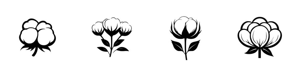 Illustration of minimalist black-and-white cotton flower silhouettes showcasing various stages of growth and design
