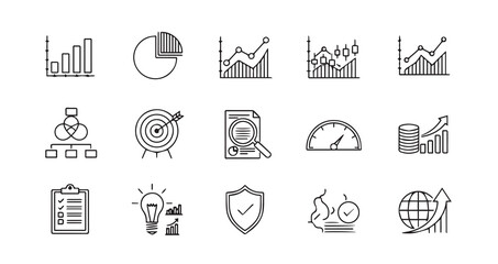 Business graphs and charts line art icon bundle illustration