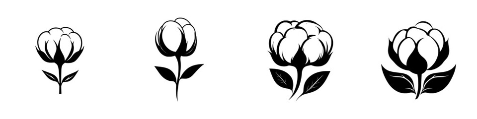 Fototapeta premium Elegant black-and-white vector illustration of minimalist cotton flower silhouettes with delicate petals and leaves