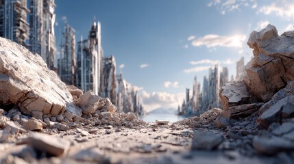 A desolate landscape of broken rocks foregrounds a futuristic city in ruins under a partly cloudy sky.