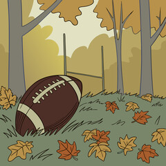 American football resting on a grassy field with autumn leaves and goalposts