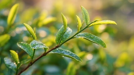 Fototapeta premium Dew-Kissed Tea Leaves: Delicate tea leaves glistens with droplets of morning dew, illuminated by soft sunlight, inviting a sense of freshness and tranquility.