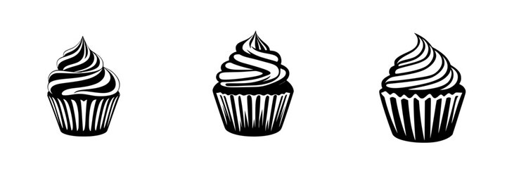 Three minimalist black-and-white cupcake illustrations showcasing simple yet elegant designs for culinary art
