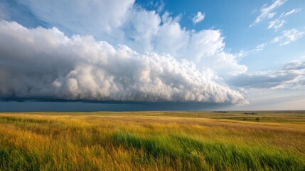 Dramatic Cloudscape over Prairie: A breathtaking expanse of vast grassland is dramatically transformed by a dynamic cloud formation, symbolizing the untamed essence of nature's grandeur.