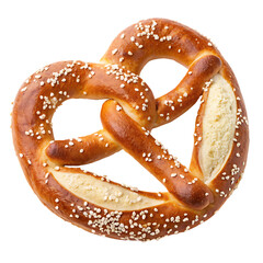 A golden brown pretzel sprinkled with sesame seeds is isolated on transparent background