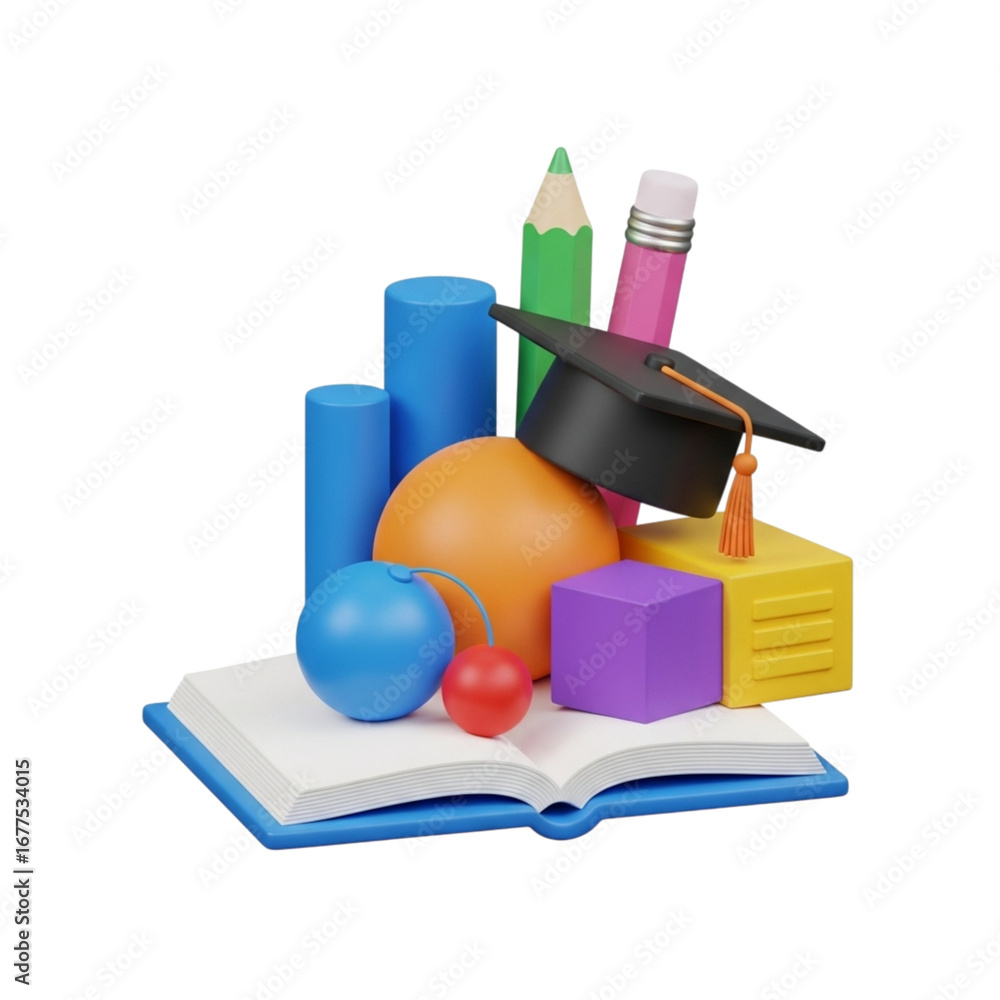 Poster 3d icon of colorful 3d rendering of education objects isolated on transparent background
