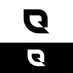 Abstract logo design featuring a stylized leaf or letter Q, presented on both white and black backgrounds.