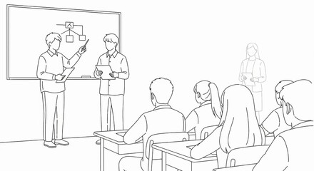 Two teachers or instructors present a flowchart on a whiteboard to students in a classroom setting, one pointing.