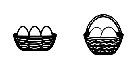 Vector black-and-white minimalist icon featuring two silhouettes of egg baskets placed side by side showcasing simple design elements