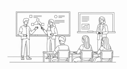 Two teachers lead a classroom presentation with students sitting at desks, illustrating a flowchart on a whiteboard.