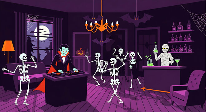 Halloween Party with Skeletons, Vampire DJ, and Mummy at Spooky Interior