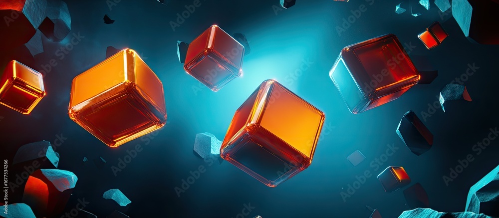 Poster luminous amber cubes suspended amidst jagged azure asteroids in cosmic void