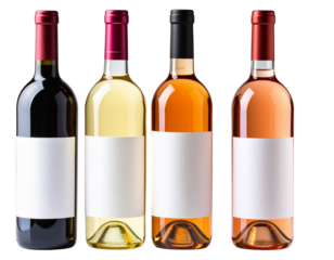 Set of Elegant Wine Bottles with Blank Labels, Front View, Isolated on Transparent Background