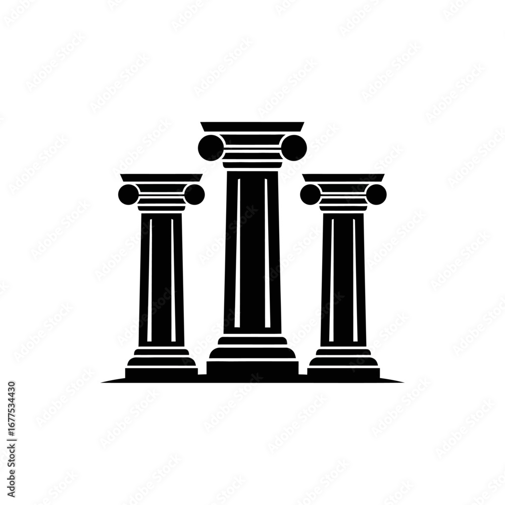 Poster three black ionic columns standing side by side in a symmetrical arrangement on a white background