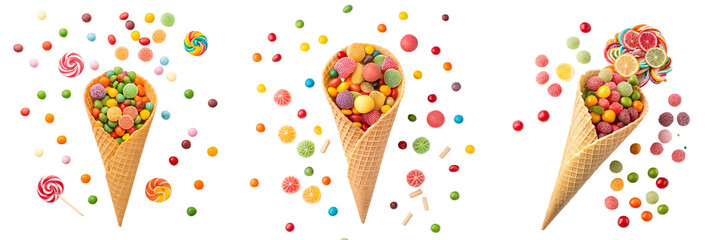 Set of candy cone with top view isolated on a transparent background