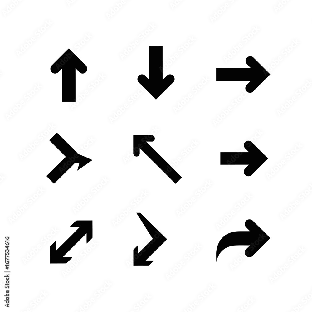 Poster a collection of nine black arrow symbols pointing in various directions on a white background design