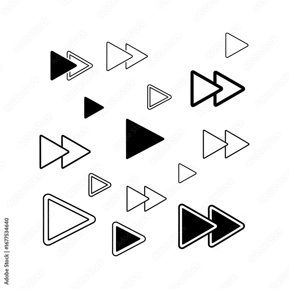 Poster a collection of forward and play icons in black and white on a light gray background arranged random