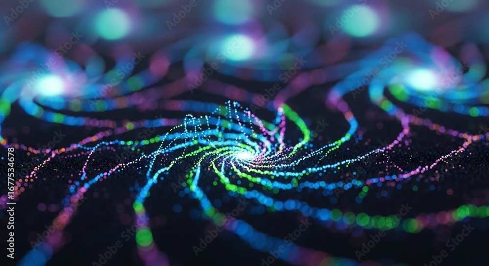 Poster swirling nebula of light: abstract data stream with vibrant colors and bokeh