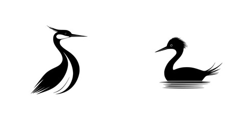 Obraz premium Minimalist black-and-white vector illustration featuring two water birds in silhouette