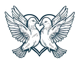 Obraz premium heart made of two doves, simple vector line art coloring isolated on a transparent background.