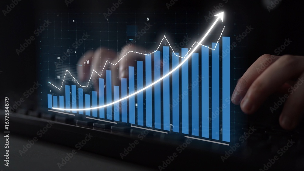Poster a captivating illustration of a financial growth graph featuring digital data visualization, symboli