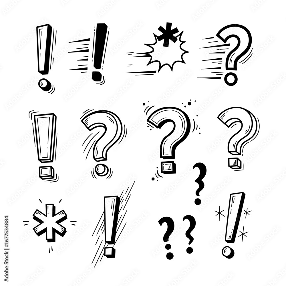 Poster collection of hand drawn punctuation marks including exclamation points question marks and an asteri