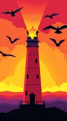 A vibrant lighthouse stands tall against a fiery sunset, its beam illuminating the evening sky, surrounded by seagulls.