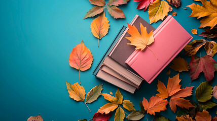AI Generated - Pink book sitting atop a pile of colorful autumn leaves on a blue background. Commercial illustration artwork for business applications. High-resolution. Premium quality. Professional.