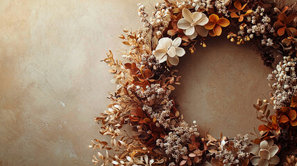 AI Generated - Wreath made out of dried flowers on a wall, with a variety of colors including brown, white, and cream. Commercial illustration artwork for business applications. High-resolution.