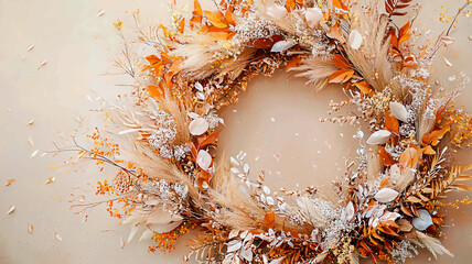 AI Generated - Beautiful autumn wreath made of dried leaves and feathers on a beige background, perfect for adding a touch of elegance to any home. Commercial illustration artwork for business.