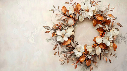 AI Generated - Wreath made of magnolia flowers and leaves on a white wall, creating a beautiful autumnal display. Commercial illustration artwork for business applications. High-resolution. Premium.