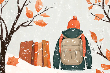 AI Generated - Person wearing a jacket, cap, and bag, standing in the snow with a backpack on their back. Commercial illustration artwork for business applications. High-resolution. Premium quality.