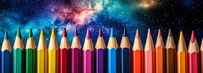 AI Generated - Row of colorful pencils sitting on top of a table against a backdrop of a starry night sky. Commercial illustration artwork for business applications. High-resolution. Premium quality.