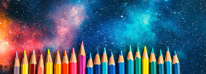 AI Generated - Group of colorful pencils sitting on top of a table against a backdrop of a starry night sky. Commercial illustration artwork for business applications. High-resolution. Premium.