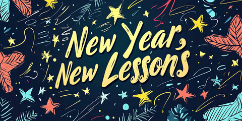 AI Generated - Poster with the words "New Year's New Lessons" written in bold, black font against a white background. Commercial illustration artwork for business applications. High-resolution.