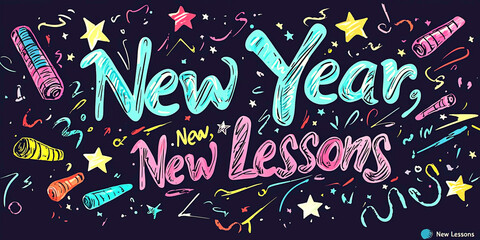 AI Generated - Poster with the words "New Year, New Lessons" written in bold, white lettering against a bright blue background. Commercial illustration artwork for business applications. -