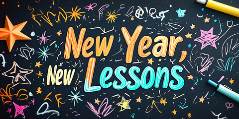 AI Generated - Blackboard with the words "New Year, New Lessons" written on it, along with two pens on the right side and a paper star on the left side. Commercial illustration artwork for business.