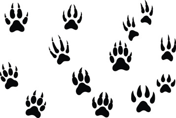 PrintAnimal paw print silhouette vector set, wild forest creature tracks, hunting trail footprints icon collection, black wildlife nature symbol isolated on white