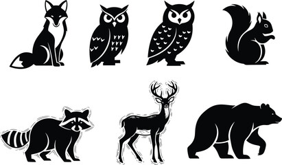 PrintBlack and white forest animals vector set with fox, owl, squirrel, raccoon, deer, and bear, silhouette wildlife illustration icons