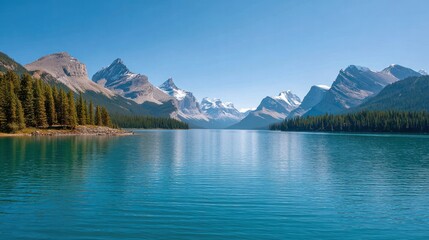 Serene Lake Scenery: A breathtaking vista unveils a serene lake surrounded by towering mountains under a vibrant blue sky. The calm water mirrors the peaks and the sky's expansive canvas.