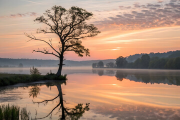 Fototapeta premium Sunrise Over Still Lake with Perfect Tree Reflection