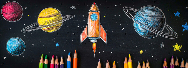 AI Generated - Blackboard with a variety of colored pencils and planets drawn on it. Commercial illustration artwork for business applications. High-resolution. Premium quality. Professional grade.