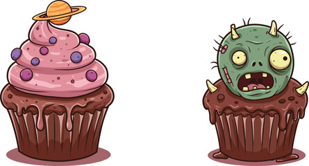 PrintCartoon cupcake with zombie head and space theme decoration, spooky Halloween dessert vector, scary and cute sweet monster illustration