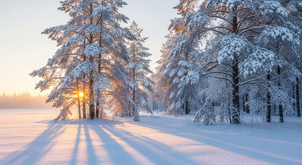 Winter Landscape with Snowy Pine Trees in Morning Light