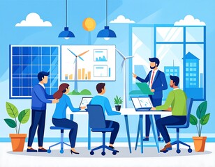 Business team meeting in modern office with renewable energy focus