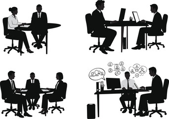 PrintBusiness Meeting Silhouette Vector Set, Office Collaboration Scenes, Professional Teamwork Illustration, Remote Work Concept Art, Corporate Discussion Graphic, Workplace Communication Icons