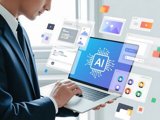 Fototapeta premium Man in suit using laptop with A I interface and floating windows